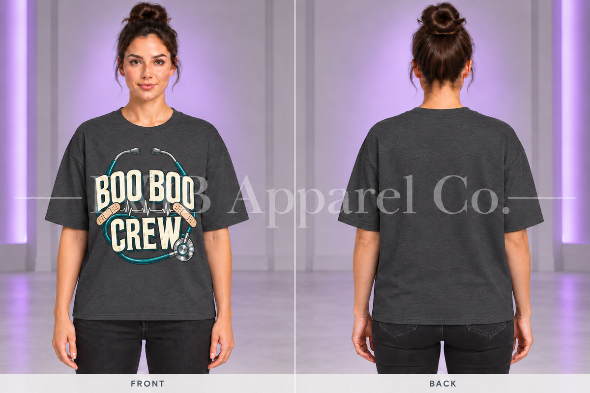 Dark Heather Boo Boo Crew T-shirt, front and back on model in gray studio with purple lighting