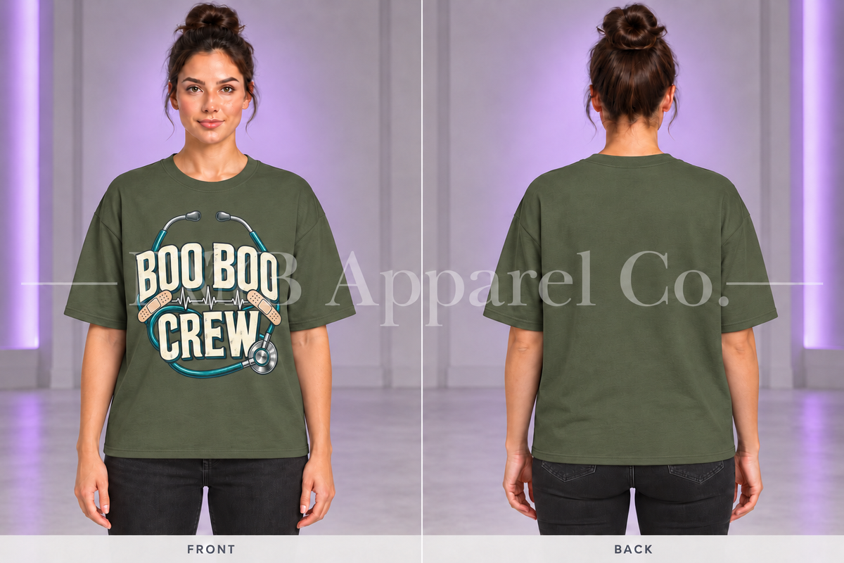 Military Green Boo Boo Crew T-shirt, front and back on model in gray studio with purple lighting