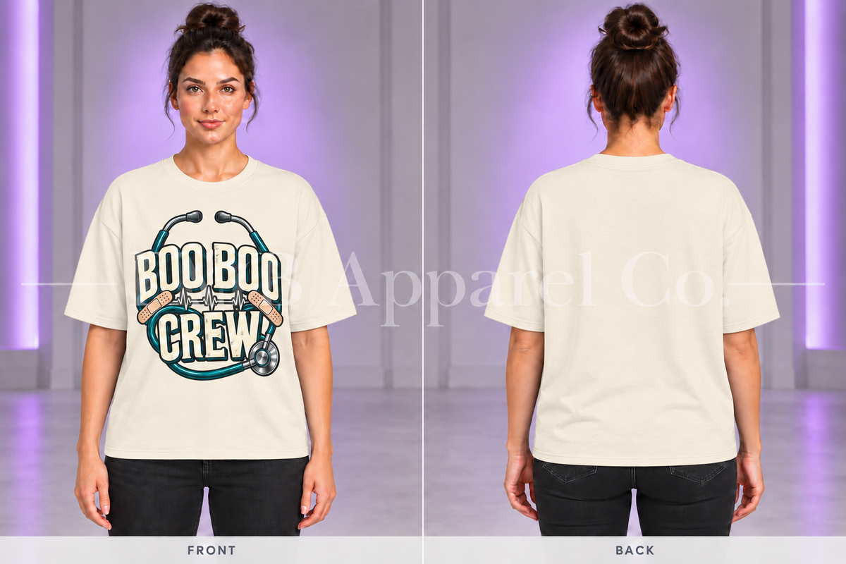 Natural cream Boo Boo Crew T-shirt, front and back on model in gray studio with purple lighting