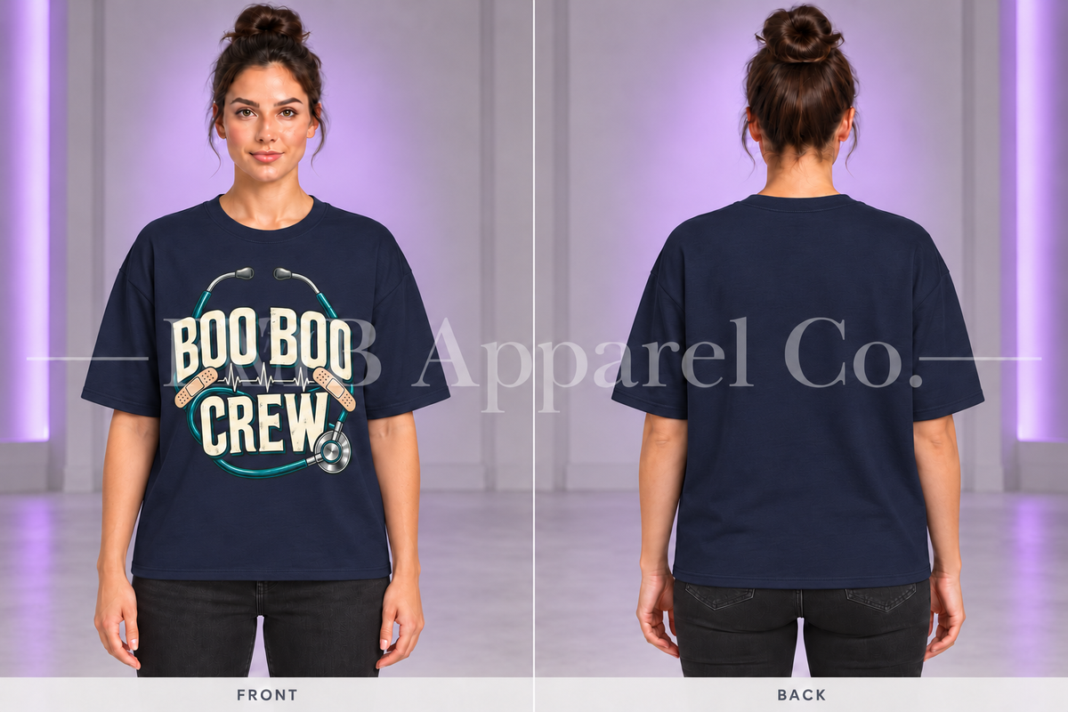 Navy Boo Boo Crew T-shirt, front and back on model in gray studio with purple lighting