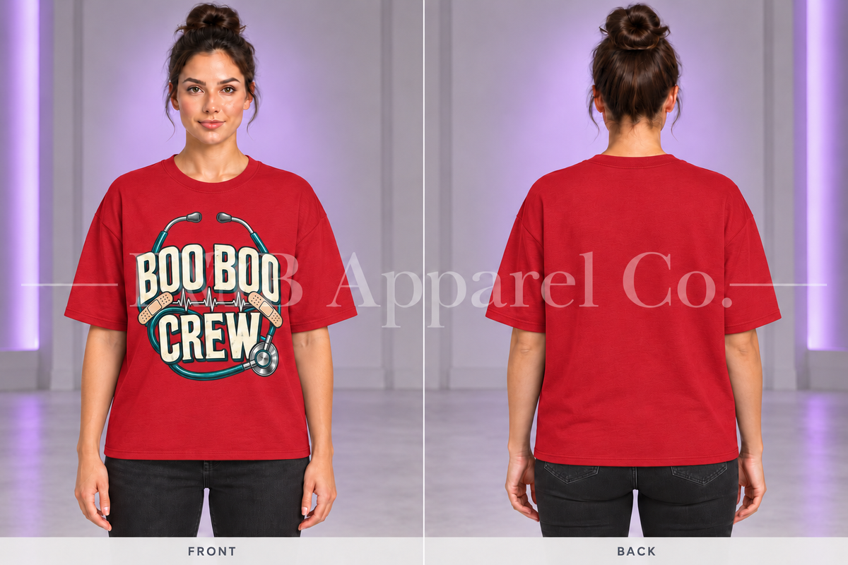Red Boo Boo Crew T-shirt, front and back on model in gray studio with purple lighting