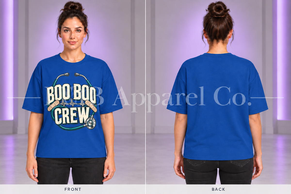 Royal Boo Boo Crew T-shirt, front and back on model in gray studio with purple lighting