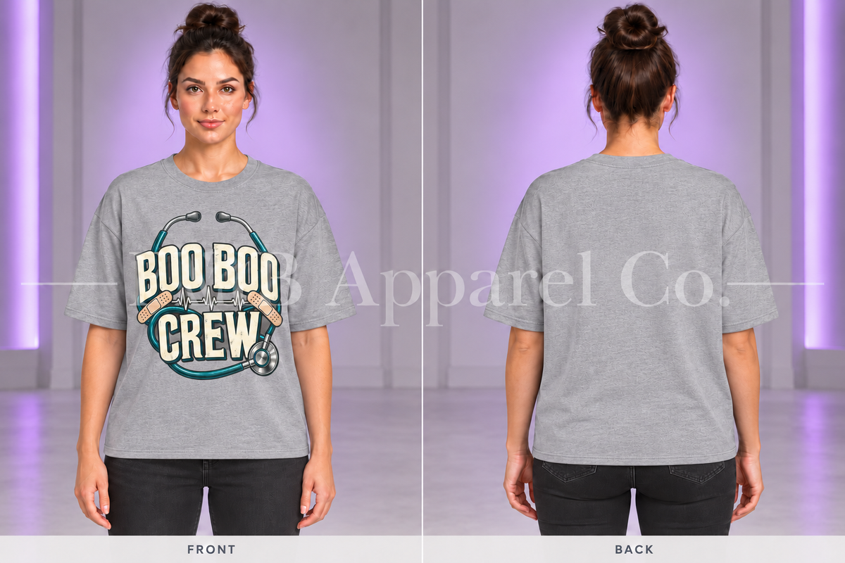 Sport Grey Boo Boo Crew T-shirt, front and back on model in gray studio with purple lighting