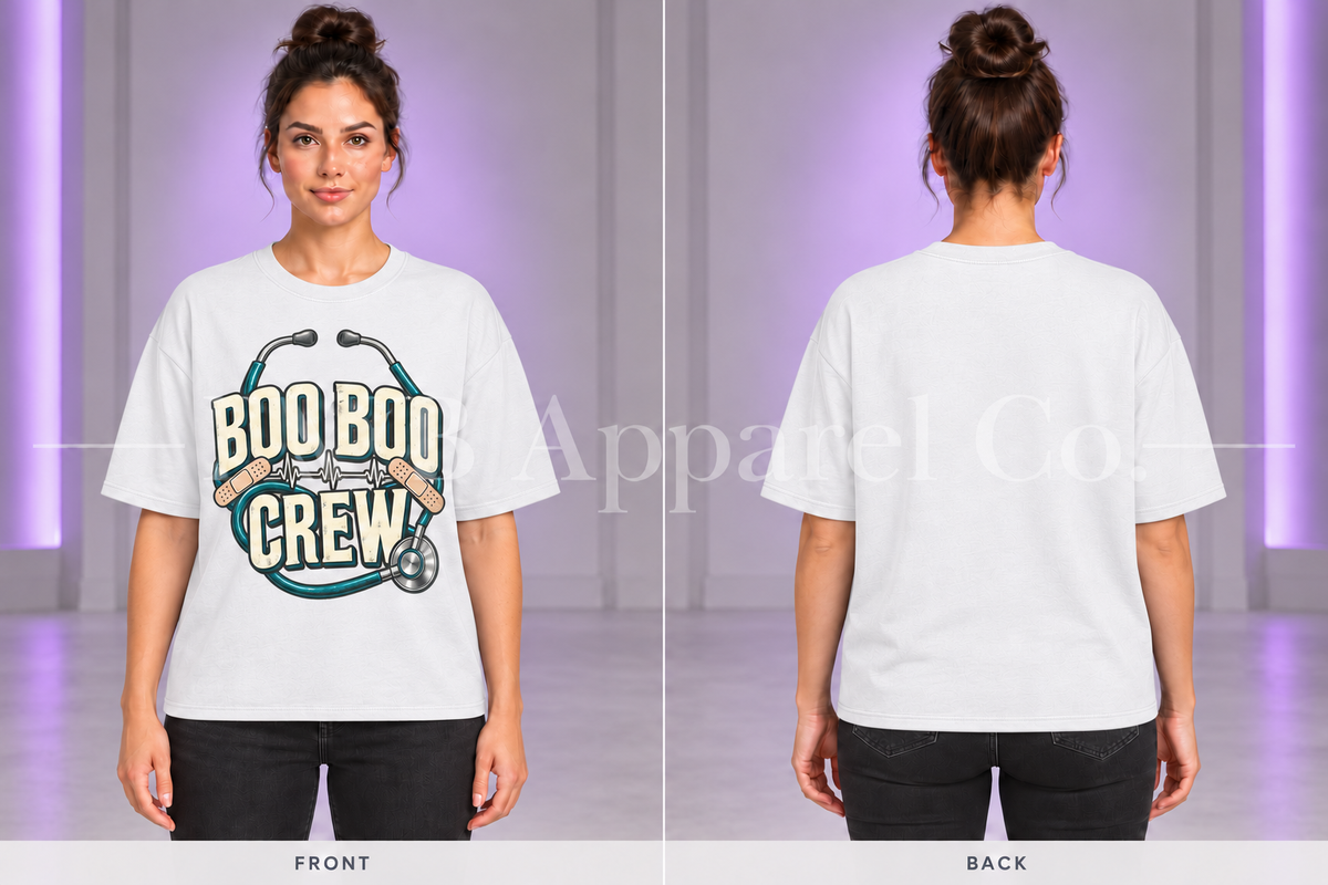 White Boo Boo Crew T-shirt, front and back on model in gray studio with purple lighting