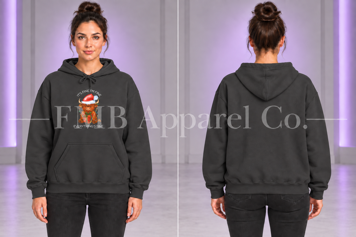 Dark Heather Everything’s Fine Christmas Cow Hooded Sweatshirt — front and back on model, gray studio with purple lighting