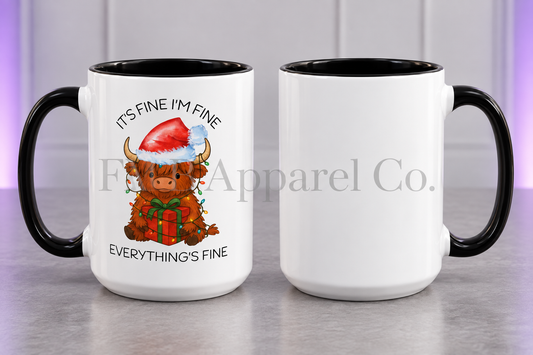 15oz Everything’s Fine Christmas Cow Coffee Mug — Black, gray studio mockup