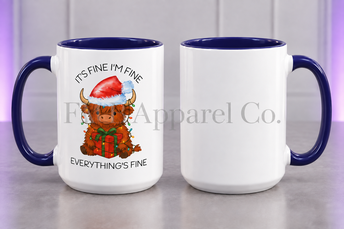 15oz Everything’s Fine Christmas Cow Coffee Mug — Navy, gray studio mockup