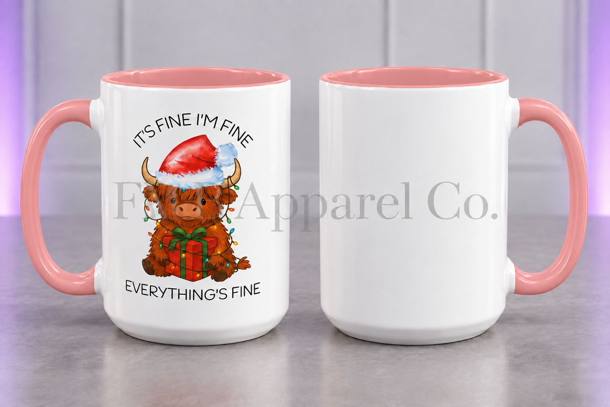 15oz Everything’s Fine Christmas Cow Coffee Mug — Pink, gray studio mockup