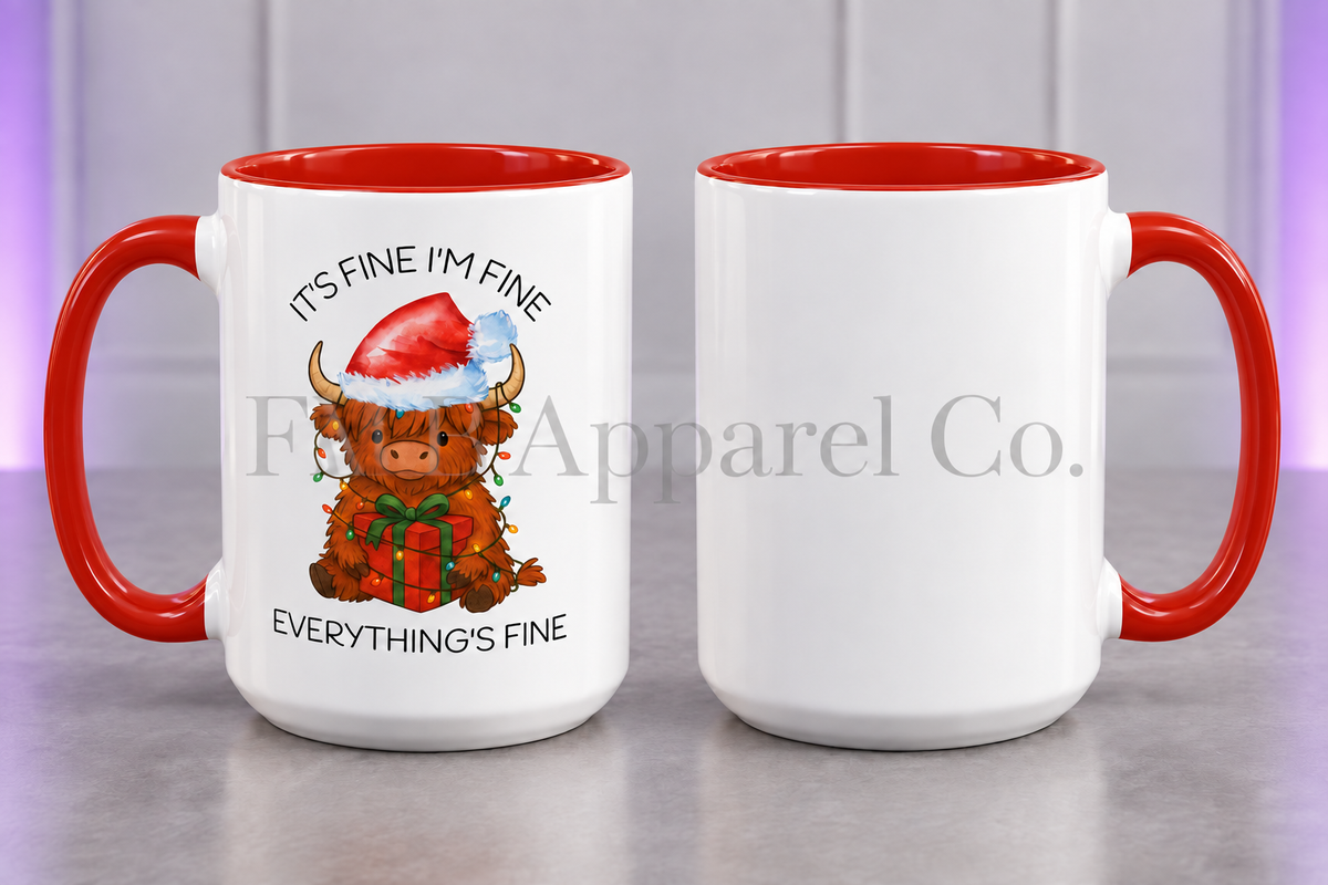 15oz Everything’s Fine Christmas Cow Coffee Mug — Red, gray studio mockup