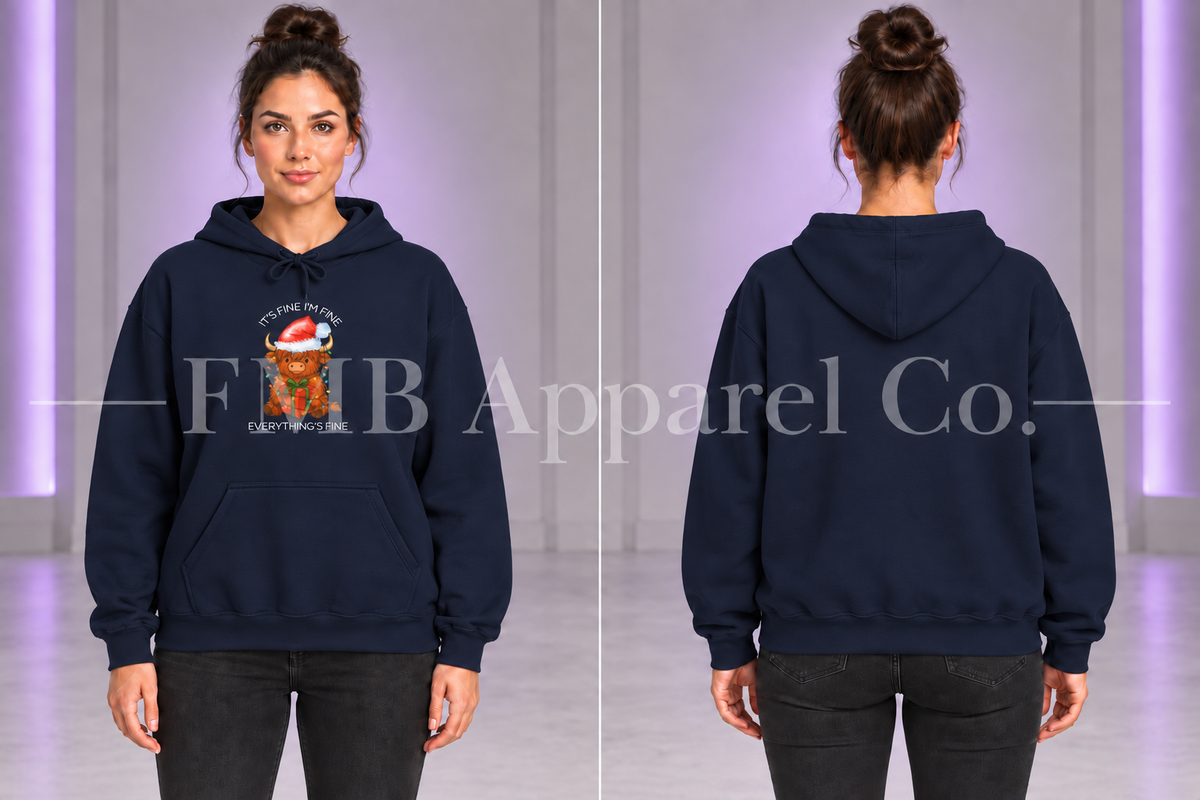 Navy Everything’s Fine Christmas Cow hoodie, front graphic and plain back on a model.