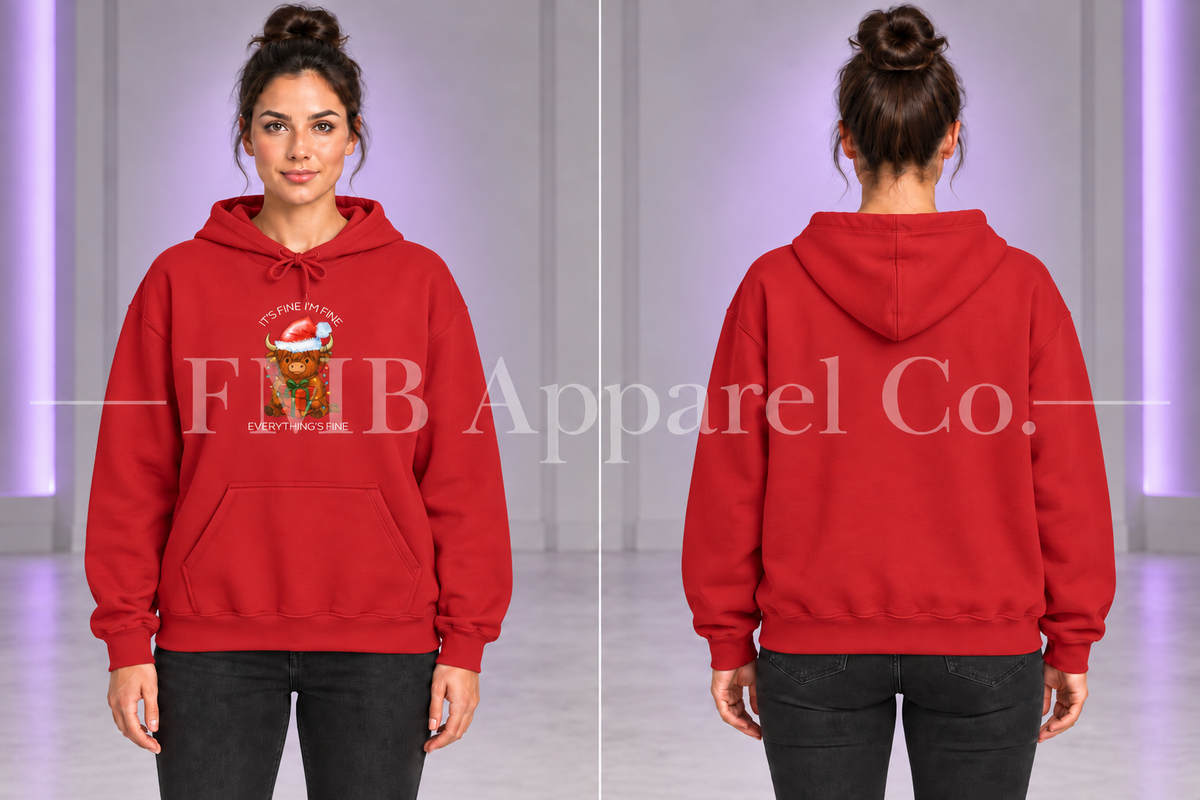 Red Everything’s Fine Christmas Cow hoodie, front graphic and plain back on a model.