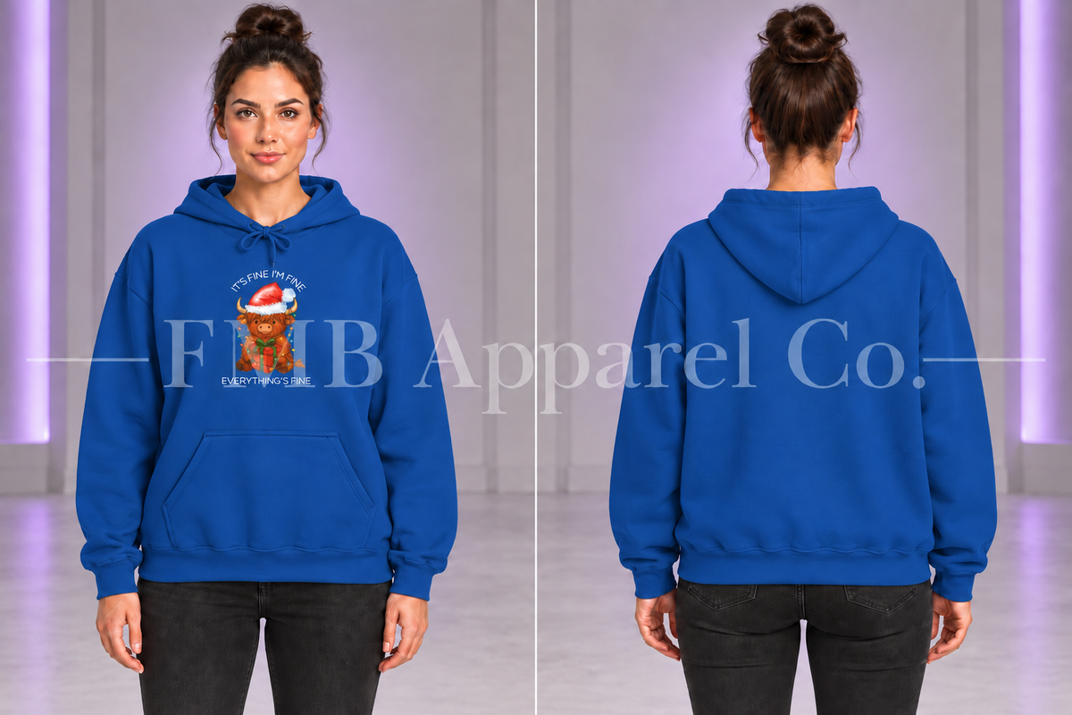 Royal Everything’s Fine Christmas Cow hoodie, front graphic and plain back on a model.