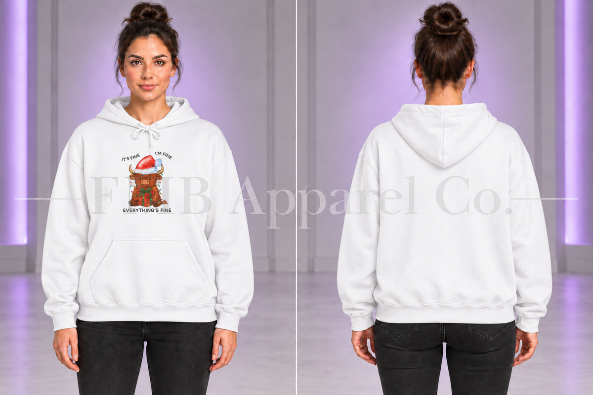 White Everything’s Fine Christmas Cow hoodie, front graphic and plain back on a model.