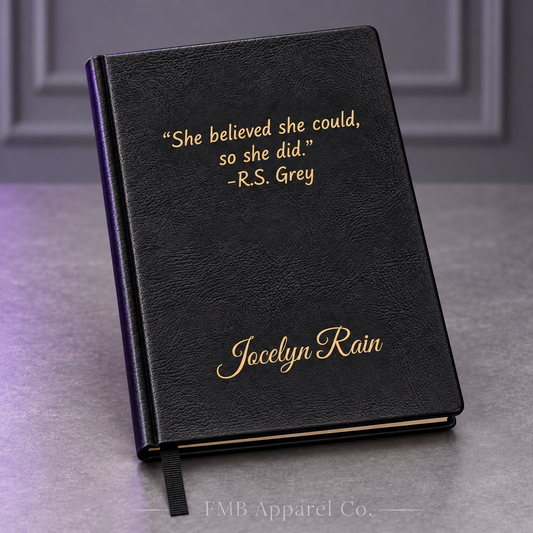 Engravable Vegan Leather Journal — Personalized Custom Text & Name — Black/Gold, gray studio mockup