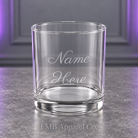 Engraved 10oz Rocks Glass — Personalized Name Whiskey Tumbler — engraved rocks glass studio, gray studio mockup
