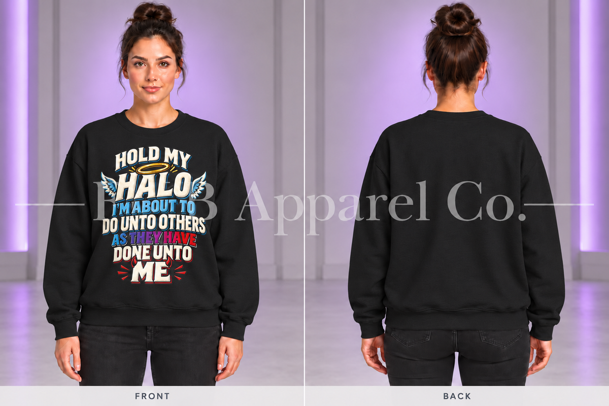 Black Hold My Halo crewneck sweatshirt, front and back on model in gray studio with purple lighting
