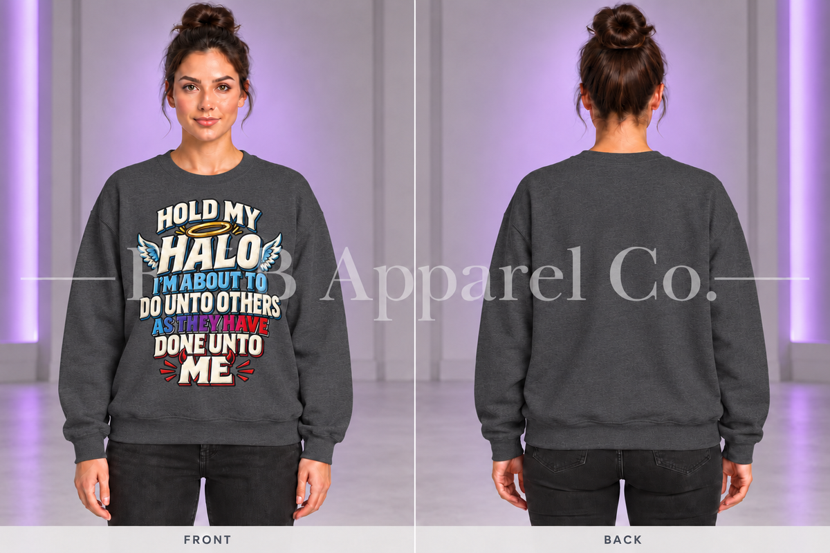 Dark Heather Hold My Halo crewneck sweatshirt, front and back on model in gray studio with purple lighting