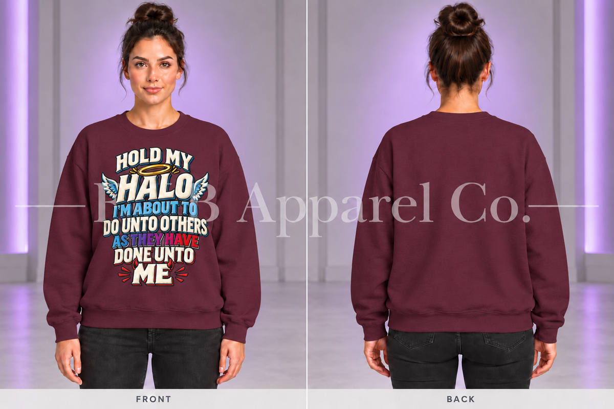 Maroon Hold My Halo crewneck sweatshirt, front and back on model in gray studio with purple lighting