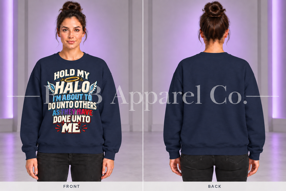 Navy Hold My Halo sweatshirt, front and back on model in gray studio with purple lighting