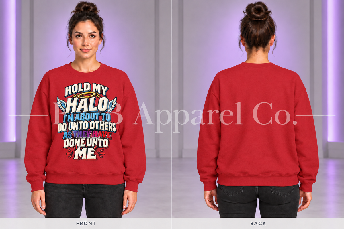 Red Hold My Halo sweatshirt, front and back on model in gray studio with purple lighting