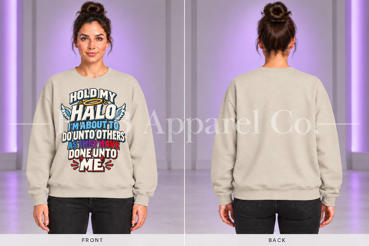Sand Hold My Halo sweatshirt, front and back on model in gray studio with purple lighting