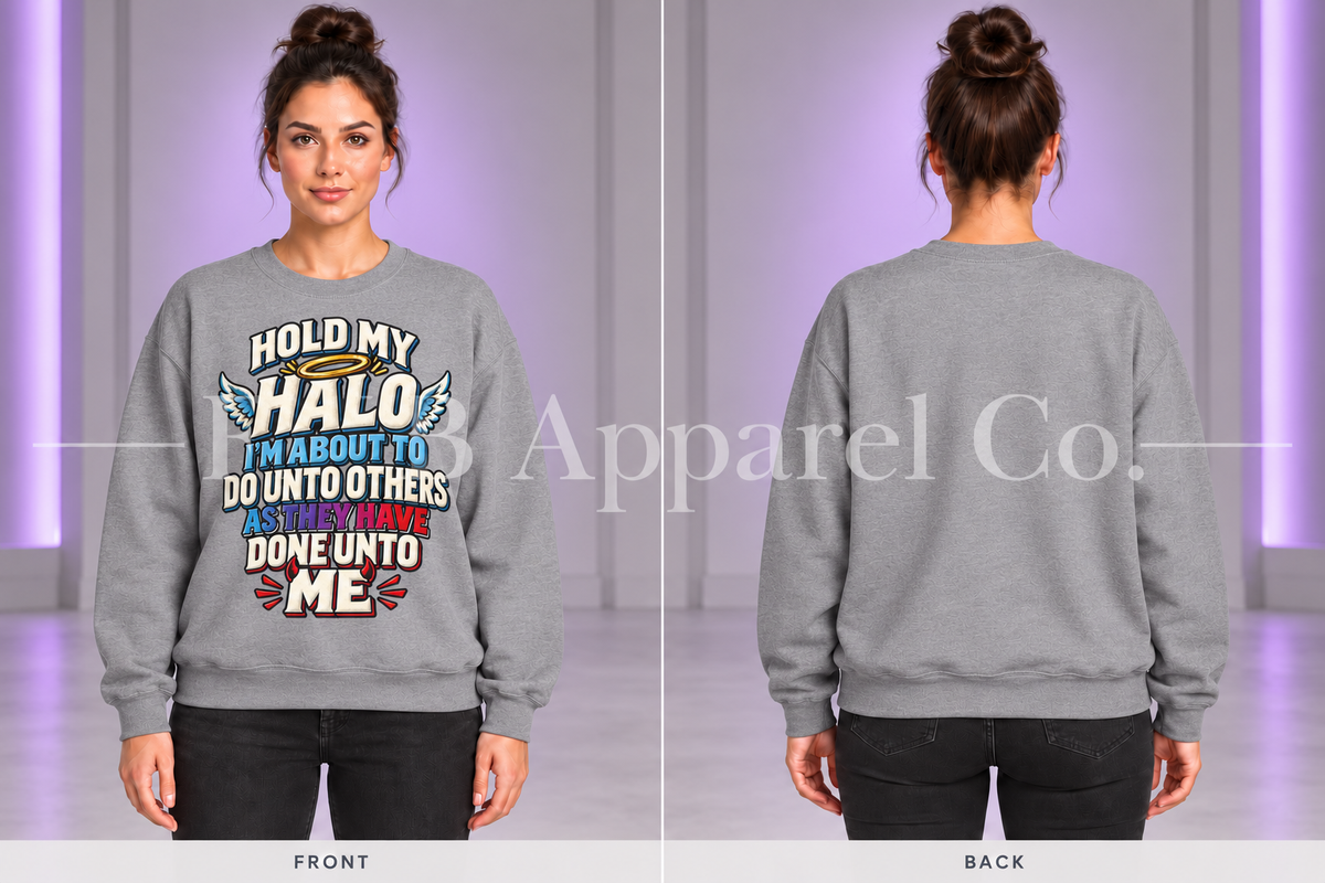 Sport gray Hold My Halo crewneck sweatshirt, front and back on model in gray studio with purple lighting