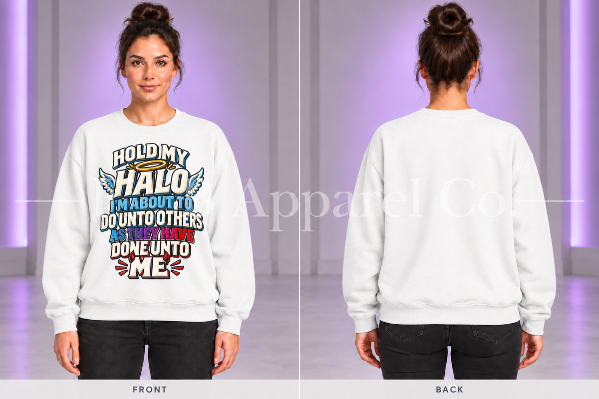 White Hold My Halo sweatshirt, front and back on model in gray studio with purple lighting