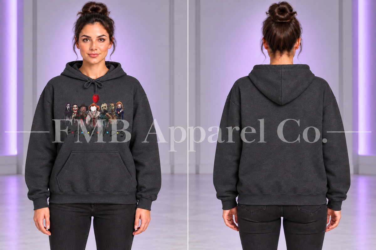 Horror Characters "Friends" Pullover Hoodie — Dark Heather, front and plain back on a model, gray studio mockup