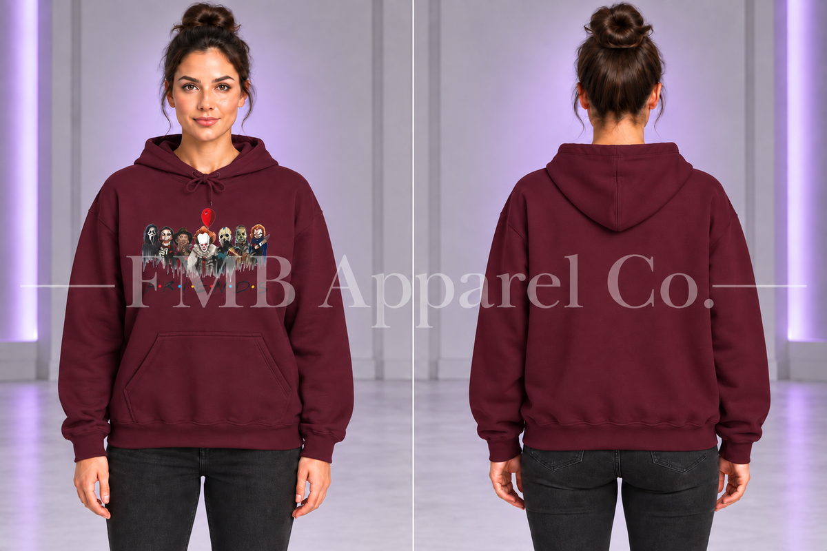 Horror Characters "Friends" Pullover Hoodie — Maroon, front and plain back on a model, gray studio mockup