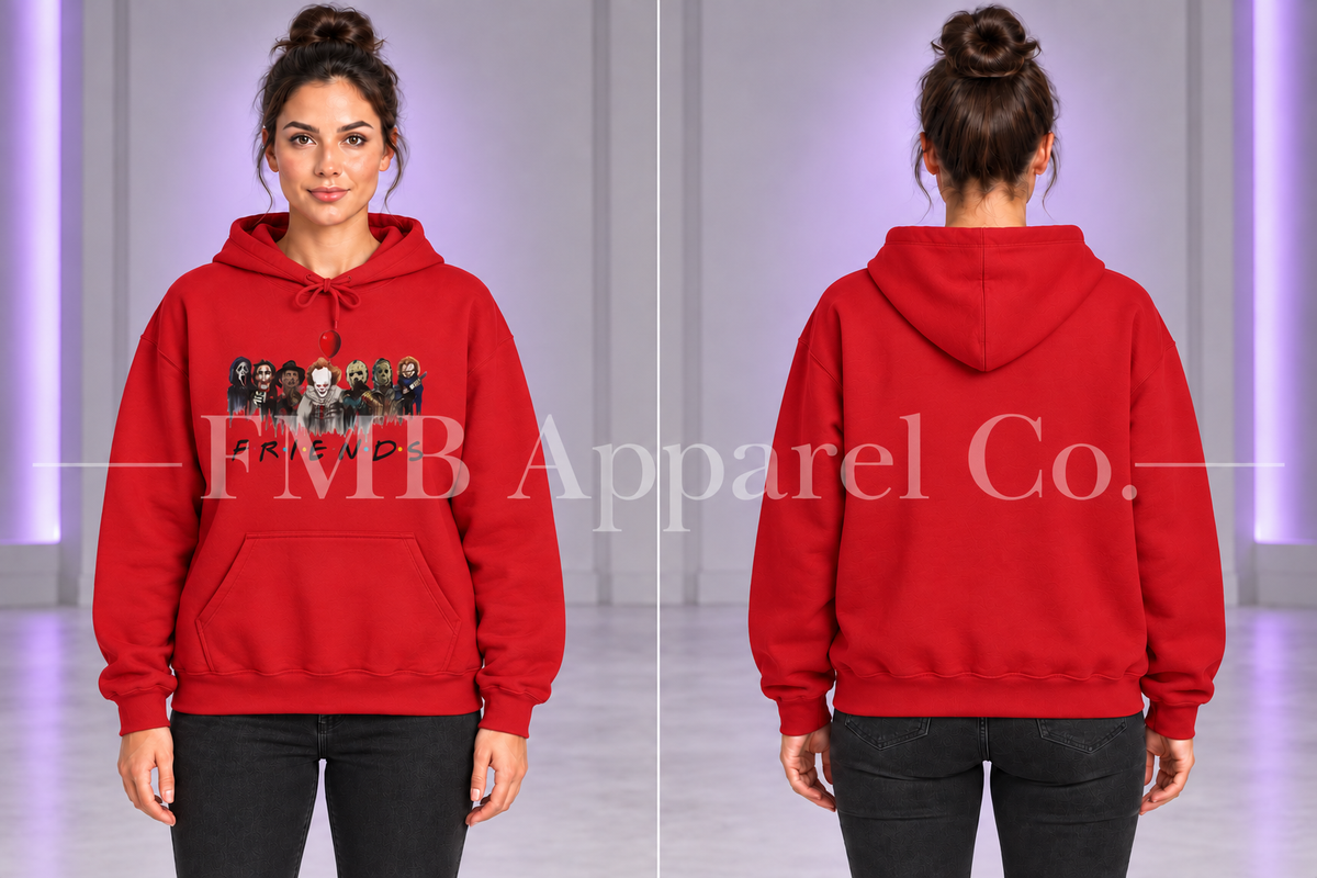Horror Characters "Friends" Pullover Hoodie — Red, front and plain back on a model, gray studio mockup
