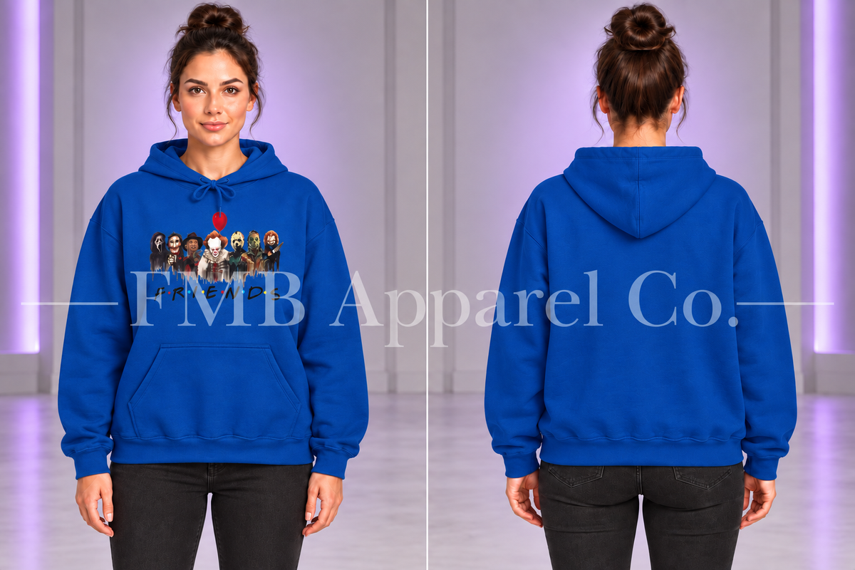 Horror Characters "Friends" Pullover Hoodie — Royal, front and plain back on a model, gray studio mockup