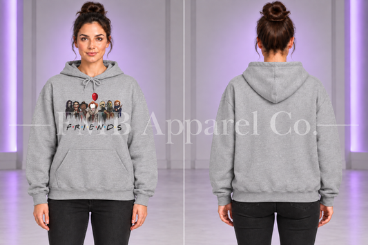 Horror Characters "Friends" Pullover Hoodie — Sport Grey, front and plain back on a model, gray studio mockup