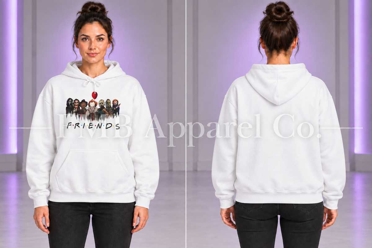 Horror Characters "Friends" Pullover Hoodie — White, front and plain back on a model, gray studio mockup