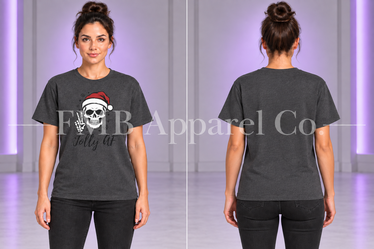 Jolly AF T-Shirt — Dark Heather, front and plain back on a model, gray studio mockup