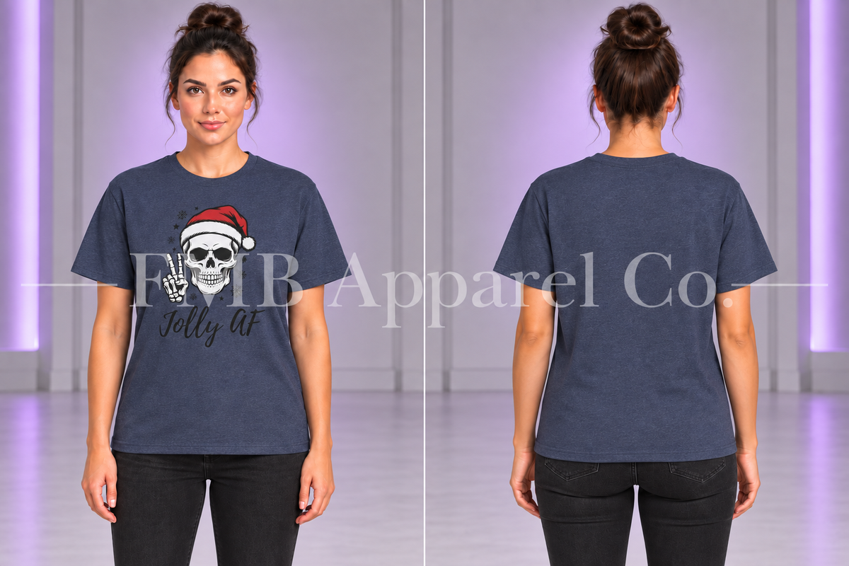 Jolly AF T-Shirt — Heather Navy, front and plain back on a model, gray studio mockup