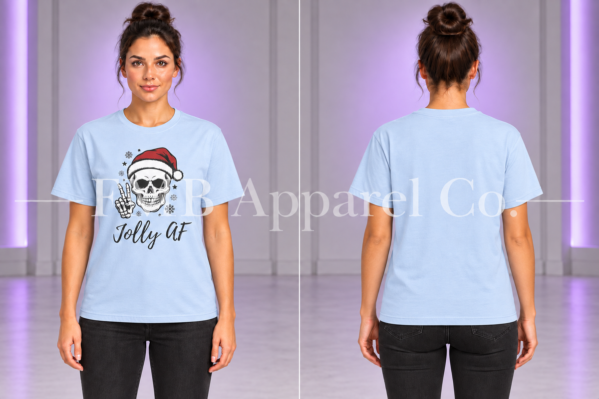 Jolly AF T-Shirt — Light Blue, front and plain back on a model, gray studio mockup
