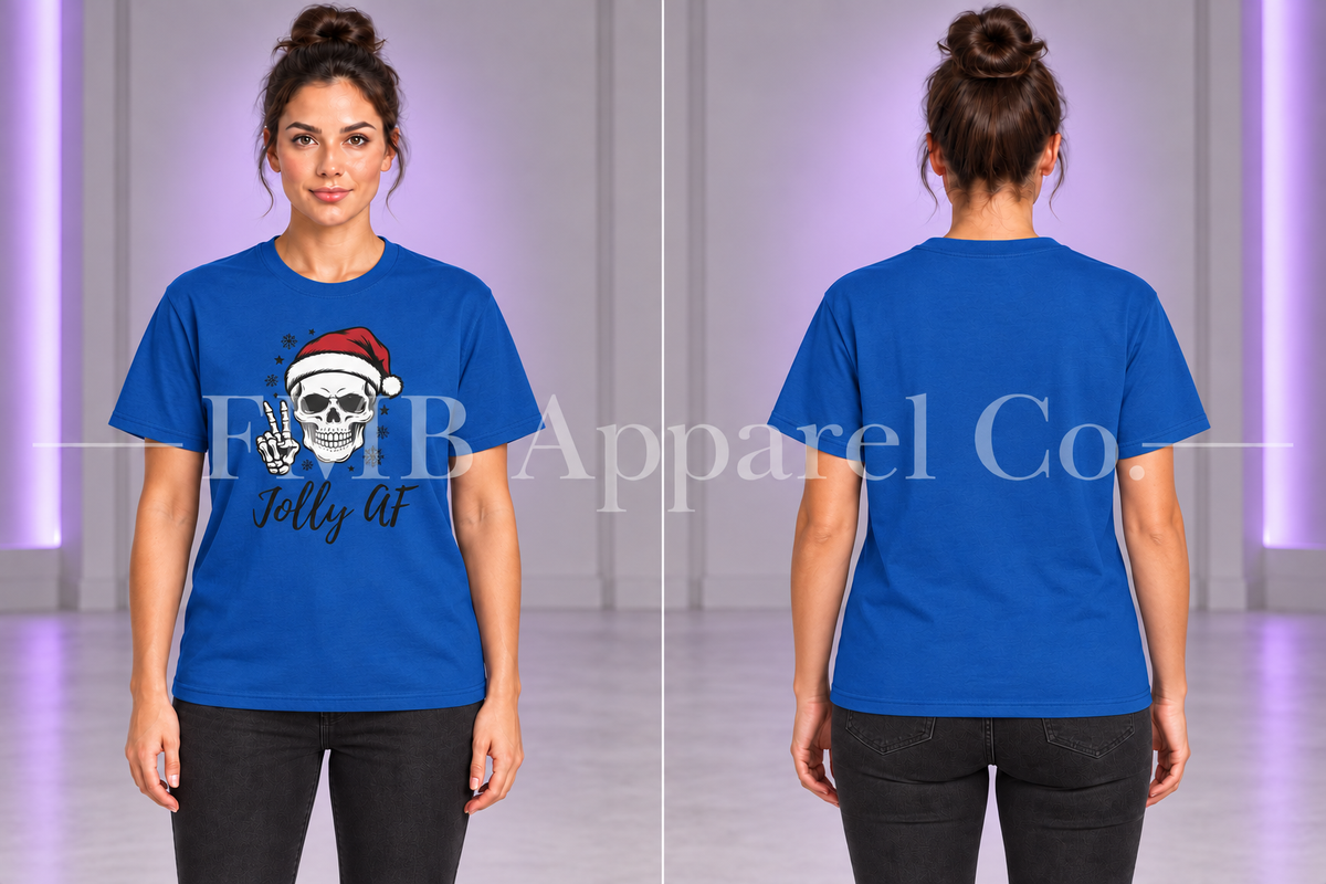 Jolly AF T-Shirt — Royal, front and plain back on a model, gray studio mockup