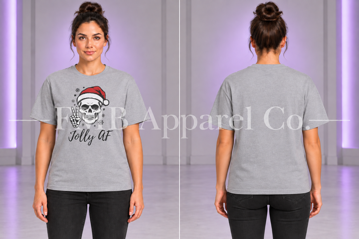 Jolly AF T-Shirt — Sport Grey, front and plain back on a model, gray studio mockup