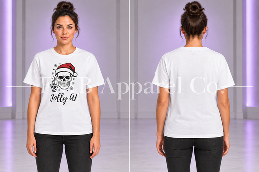 Jolly AF T-Shirt — White, front and plain back on a model, gray studio mockup