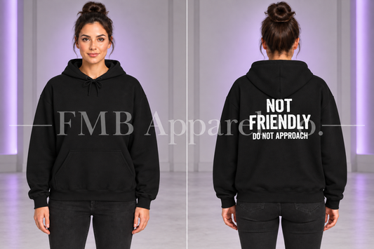 Black Not Friendly Hoodie — "Not Friendly Do Not Approach" Graphic Hoodie — front and back on model, gray studio with purple lighting