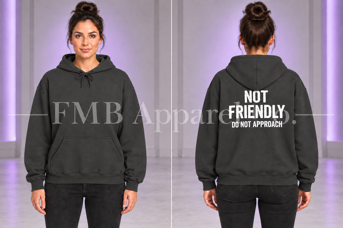 Dark Heather Not Friendly Hoodie — "Not Friendly Do Not Approach" Graphic Hoodie — front and back on model, gray studio with purple lighting