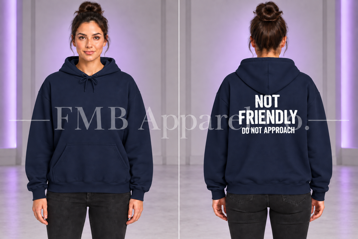 Navy Not Friendly Hoodie — "Not Friendly Do Not Approach" Graphic Hoodie — front and back on model, gray studio with purple lighting