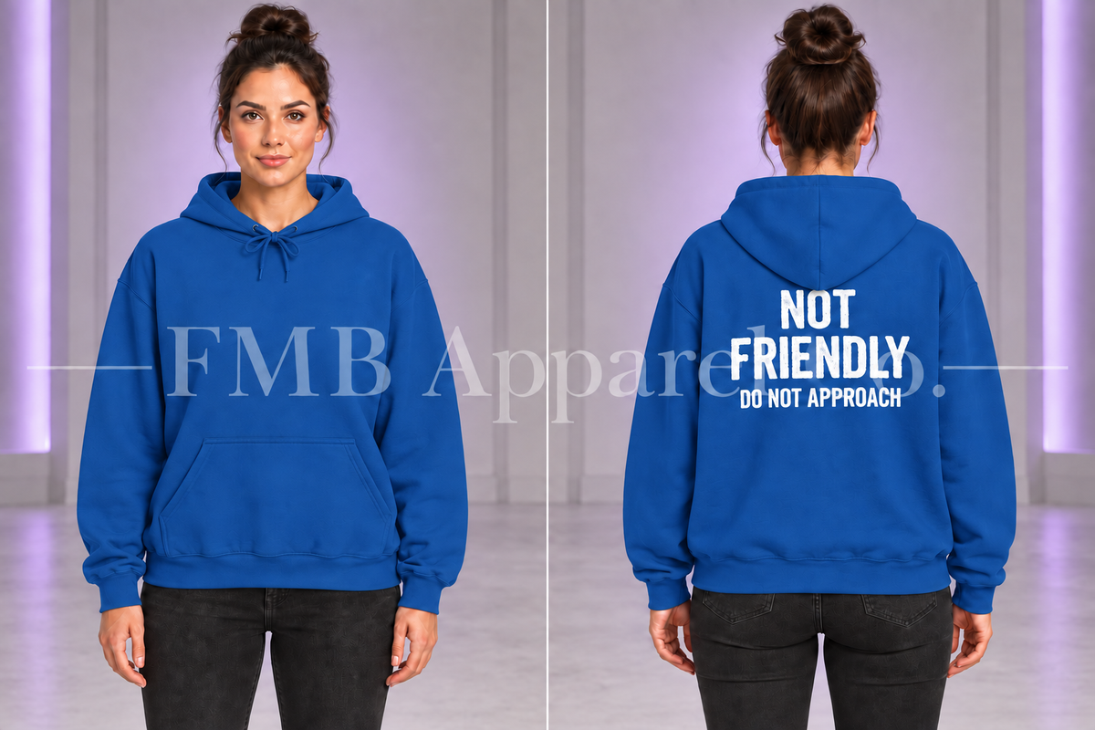 Royal Not Friendly Hoodie — "Not Friendly Do Not Approach" Graphic Hoodie — front and back on model, gray studio with purple lighting