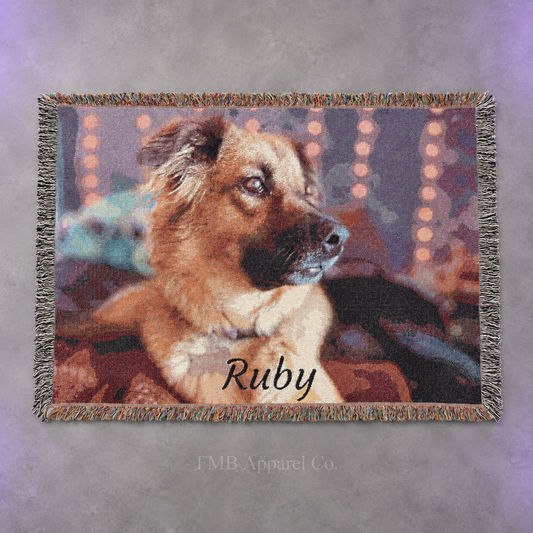 Personalized Woven Blanket — Custom Photo & Name Throw — ruby blanket front studio, gray studio mockup