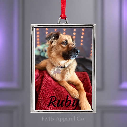 Custom Photo Portrait Ornament — Personalized Keepsake Frame — ruby ornament studio, gray studio mockup