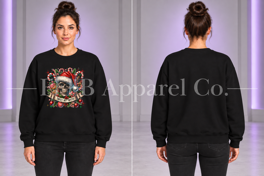 Black Holiday Skull Sweet But Twisted Christmas Crewneck Sweatshirt — front and back on model, gray studio with purple lighting