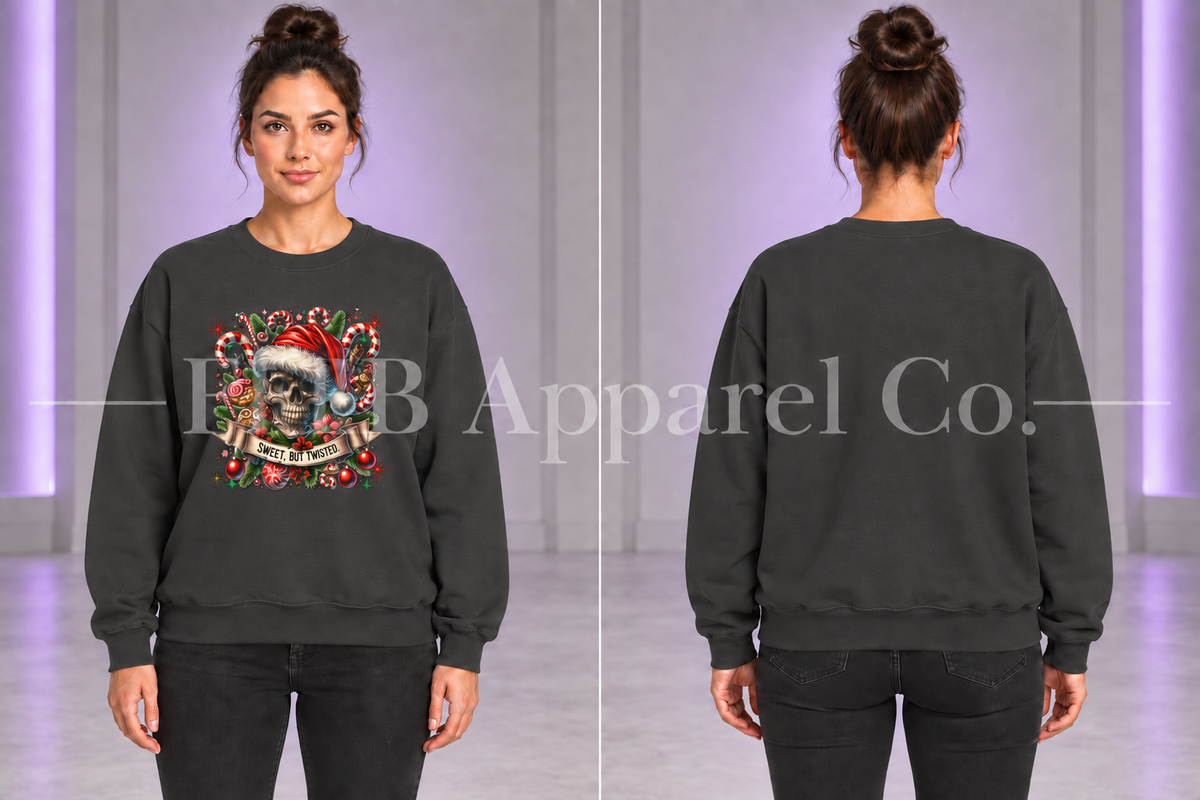Dark Heather Holiday Skull Sweet But Twisted Christmas Crewneck Sweatshirt — front and back on model, gray studio with purple lighting