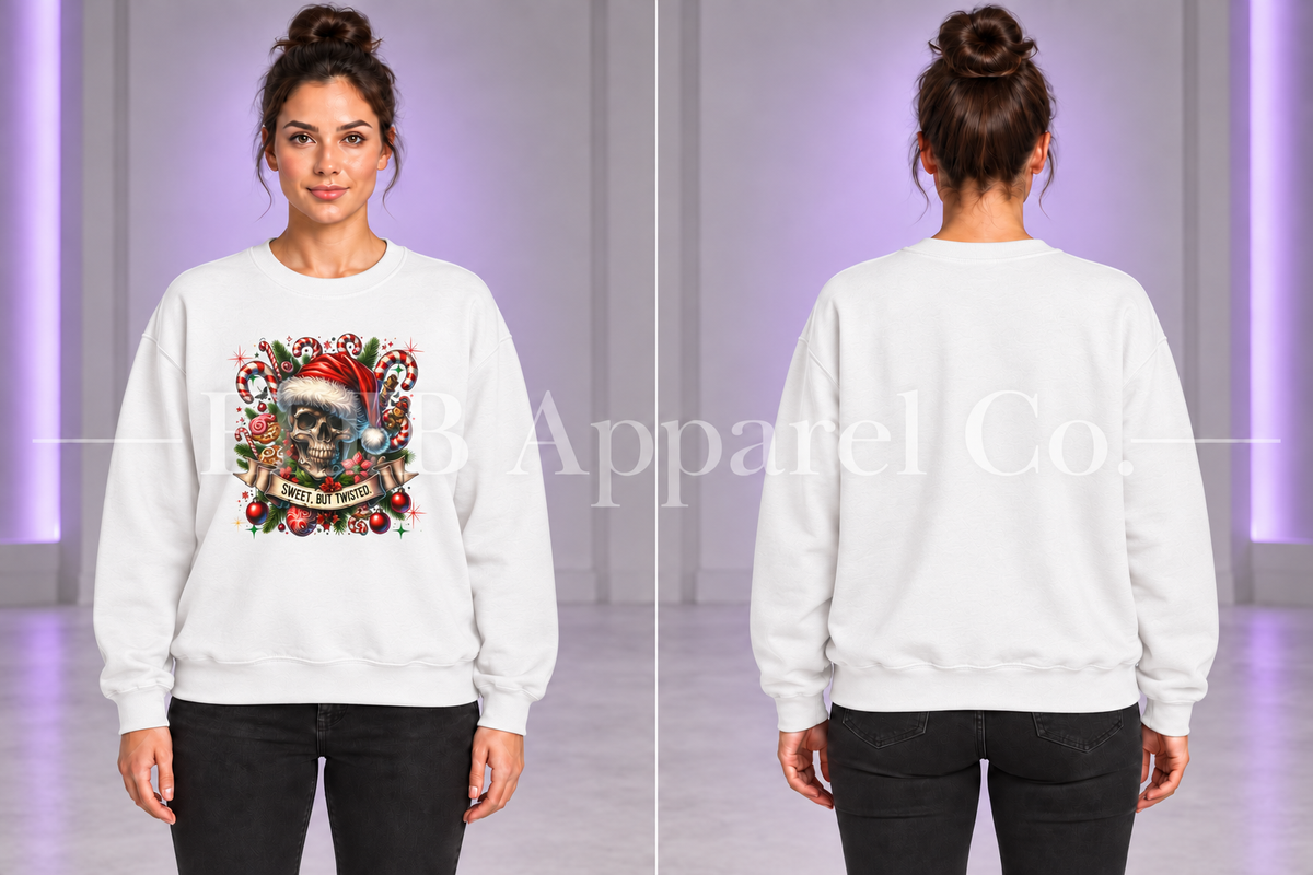 White Holiday Skull Sweet But Twisted Christmas Crewneck Sweatshirt — front and back on model, gray studio with purple lighting