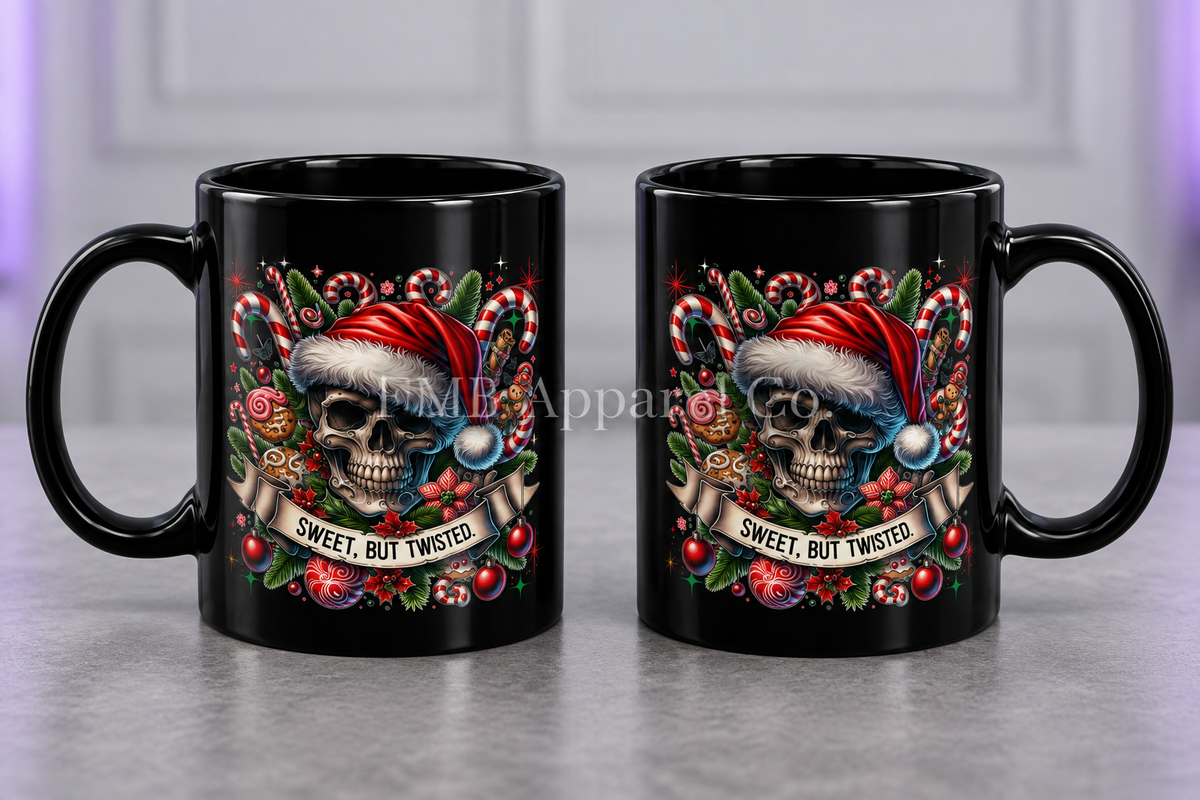 "Sweet, But Twisted" Skull Mug — 11oz, gray studio mockup