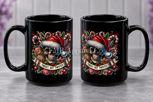 "Sweet, But Twisted" Skull Mug — 15oz, gray studio mockup